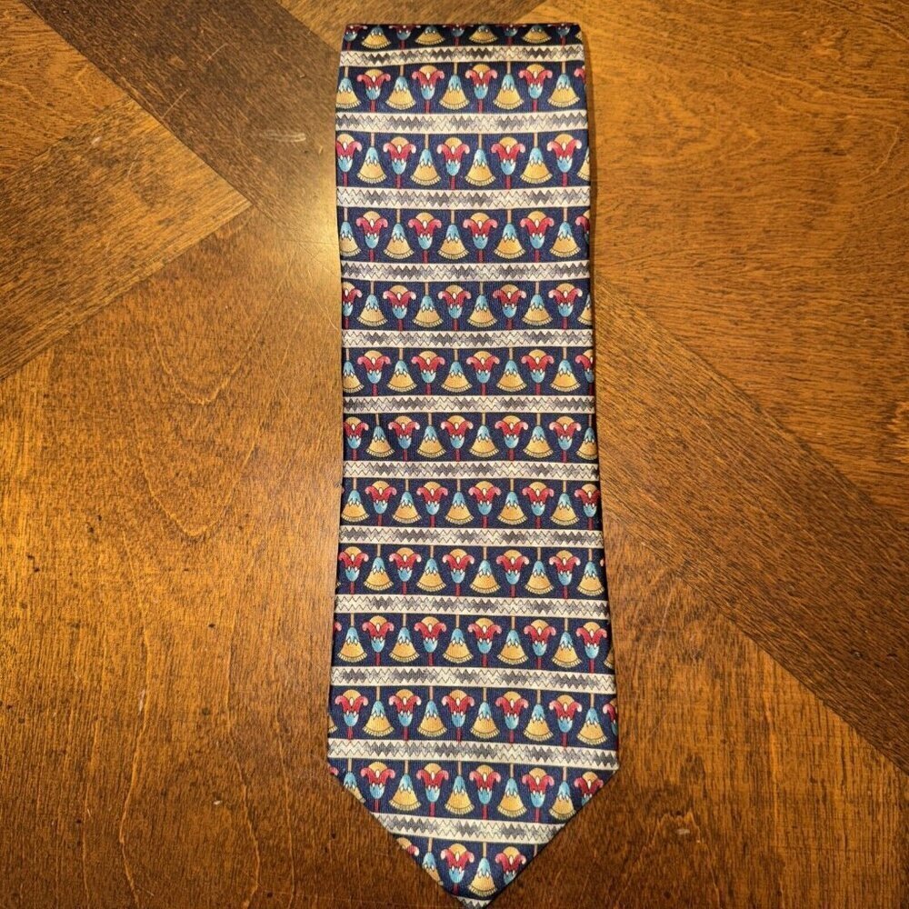 METROPOLITAN MUSEUM of ART 100% Silk Tie Navy with Yellow Red Patterned Tassels